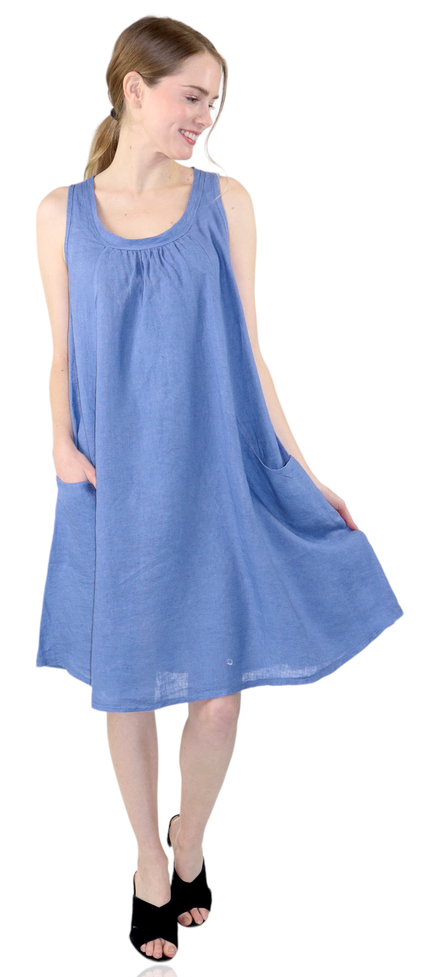 Linen Sleeveless Midi Dress with Bowtie Back and Front Pockets, 100% Natural Linen