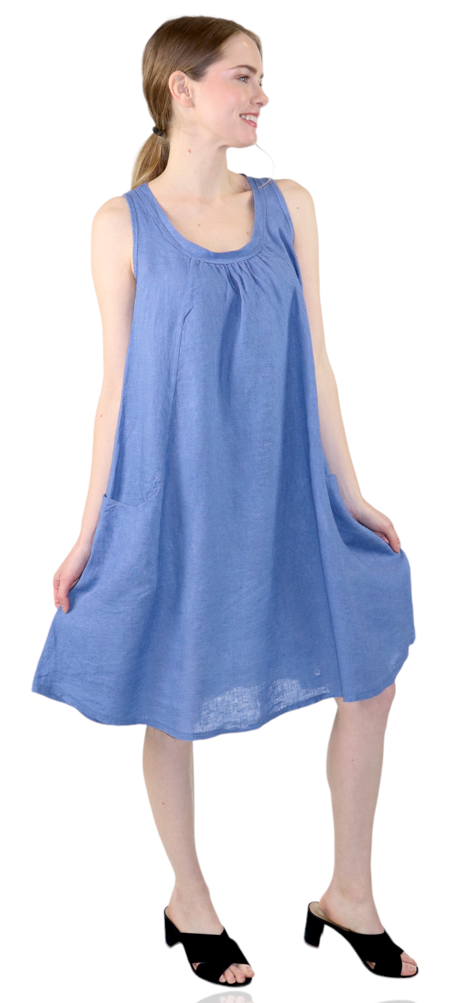 Linen Sleeveless Midi Dress with Bowtie Back and Front Pockets, 100% Natural Linen