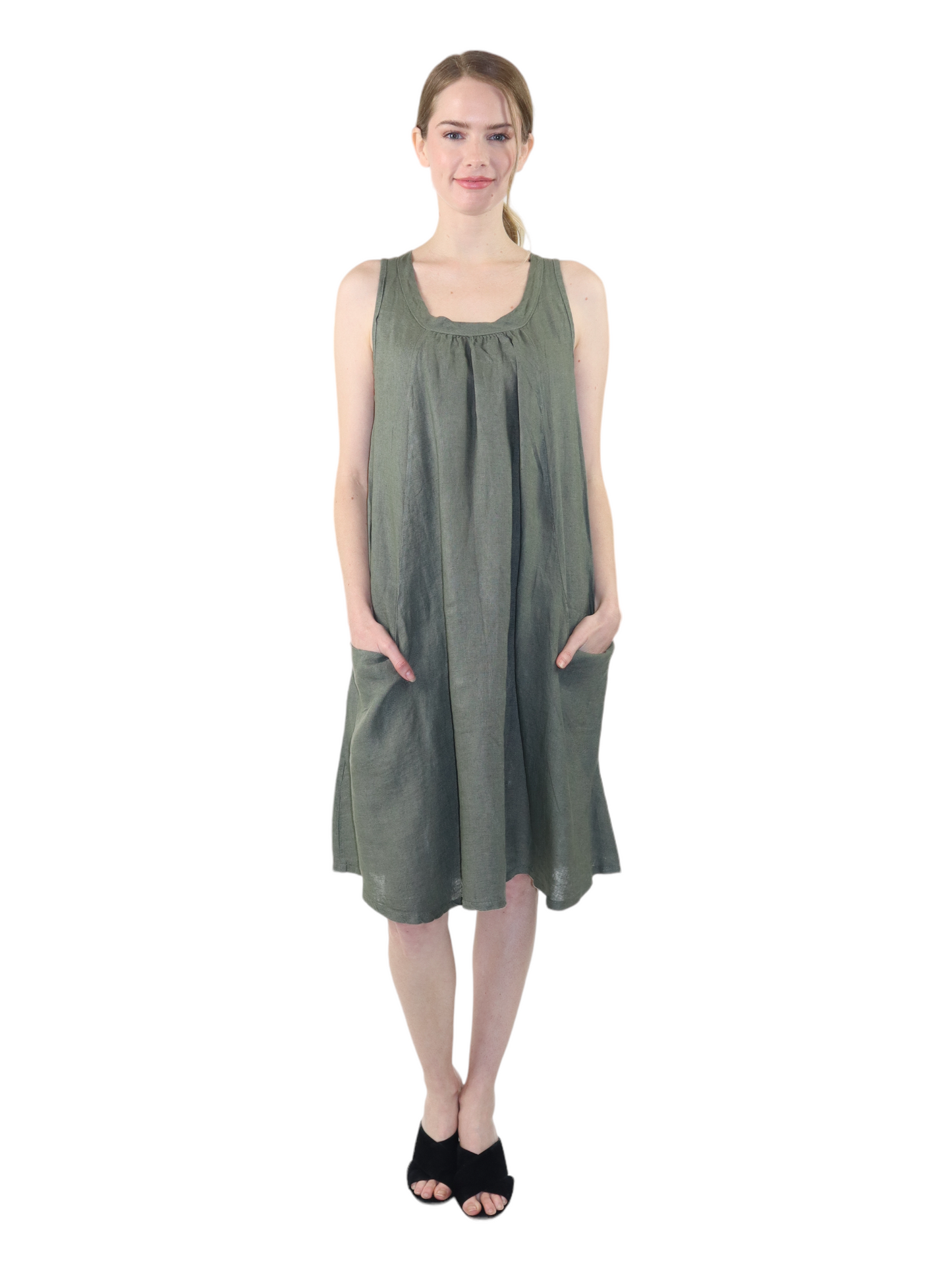 Linen Sleeveless Midi Dress with Bowtie Back and Front Pockets, 100% Natural Linen