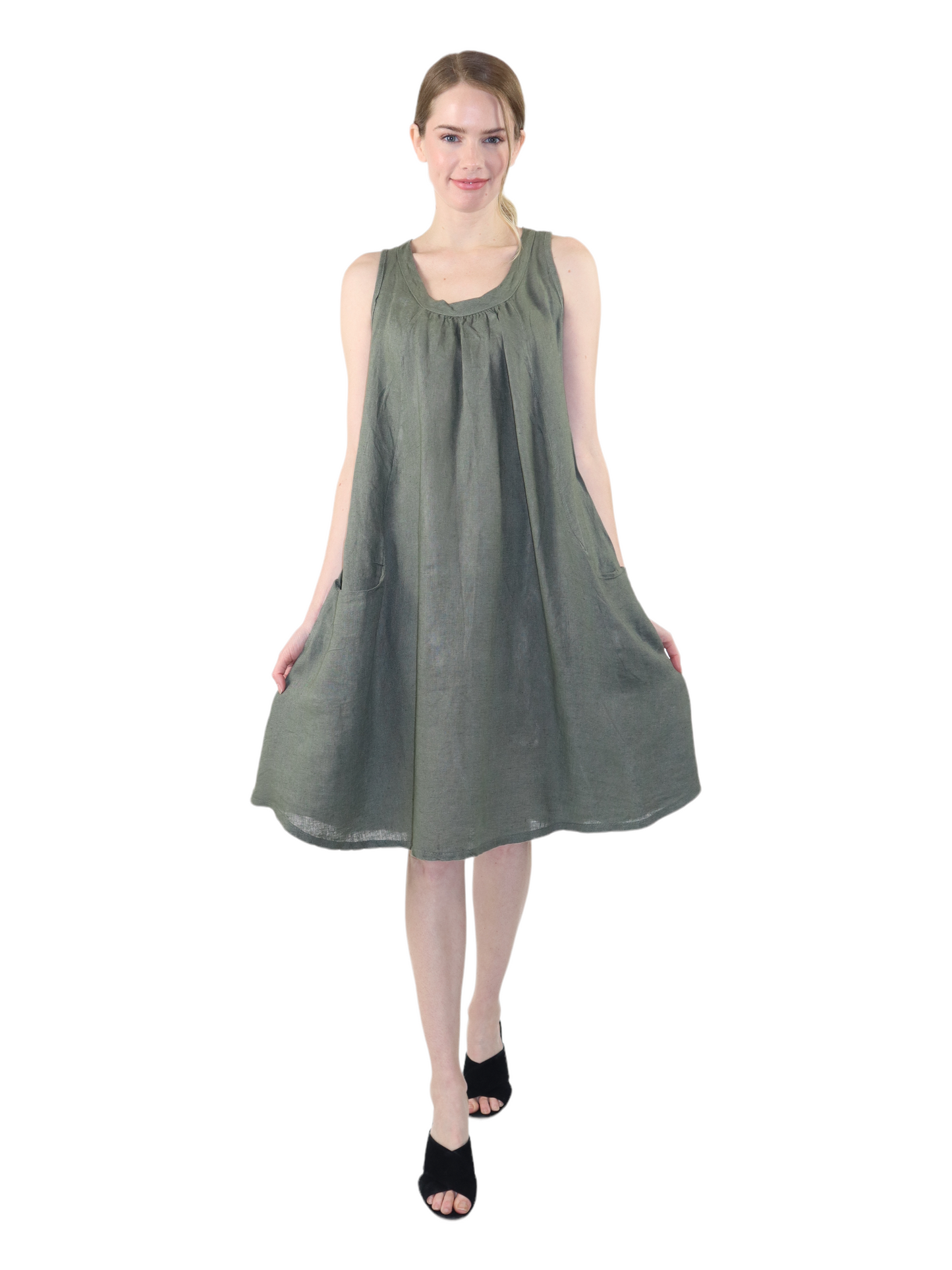 Linen Sleeveless Midi Dress with Bowtie Back and Front Pockets, 100% Natural Linen