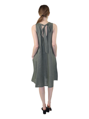 Linen Sleeveless Midi Dress with Bowtie Back and Front Pockets, 100% Natural Linen