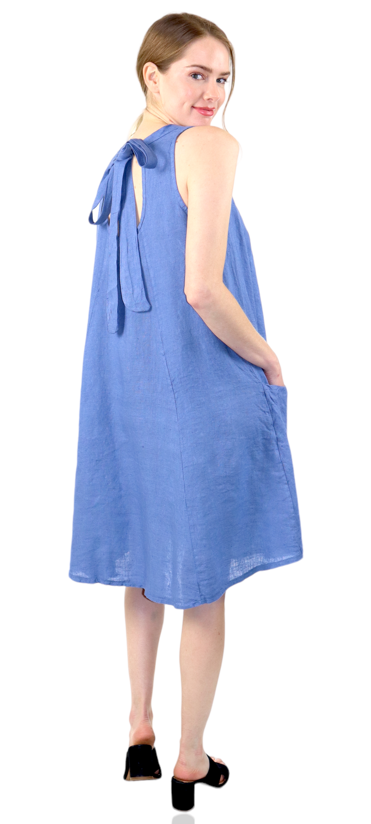 Linen Sleeveless Midi Dress with Bowtie Back and Front Pockets, 100% Natural Linen