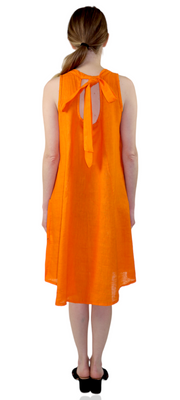 Linen Sleeveless Midi Dress with Bowtie Back and Front Pockets, 100% Natural Linen