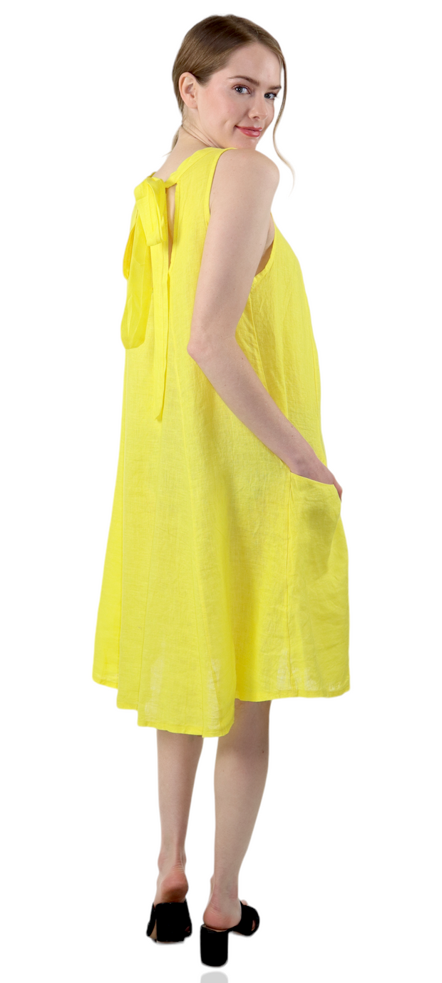 Linen Sleeveless Midi Dress with Bowtie Back and Front Pockets, 100% Natural Linen