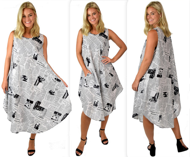 Newspaper Print Dress, Asymmetrical Dress, Biased Dress, Cotton Dress, Summer Dress, Crop Dress, A line Dress, Parachute Dress