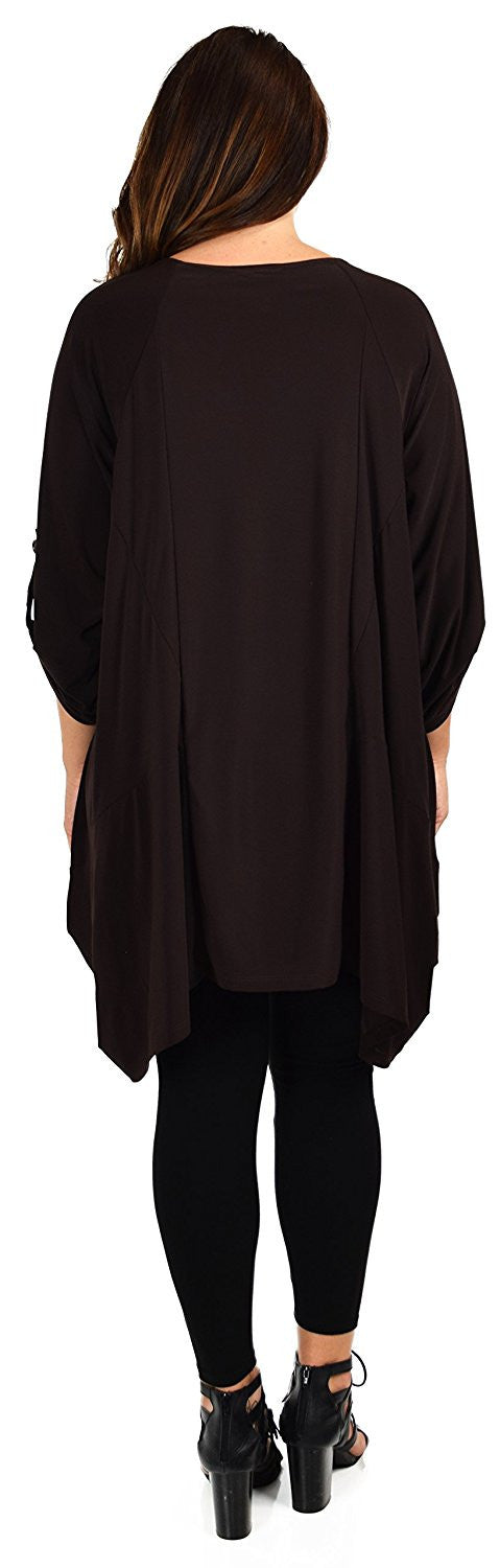 Asymmetrical Lagenlook Tunic, Fishtail Tunic , European inspired Tunic Top w/ Roll Up Sleeves Plus Size