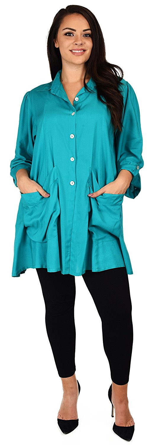 Button Down Tunic Blouse Shirt w/ Roll Up Sleeves