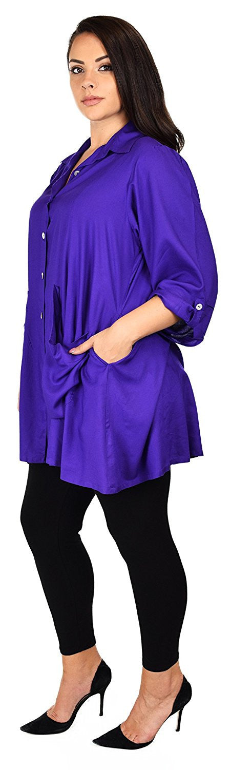 Button Down Tunic Blouse Shirt w/ Roll Up Sleeves