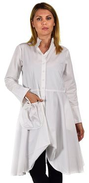 Hi Lo Banded Collar Button Down A Line Swing Dress Shirt Top