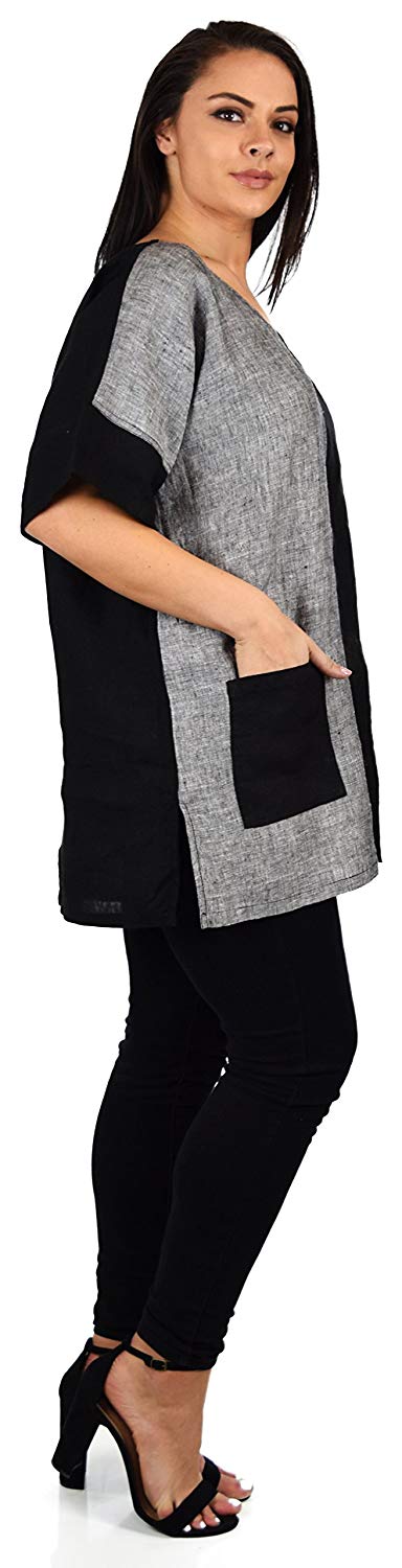 Zopali Women's 100% Linen Two Tone Oversized Tunic Shirt Top | Plus & Reg Sizes