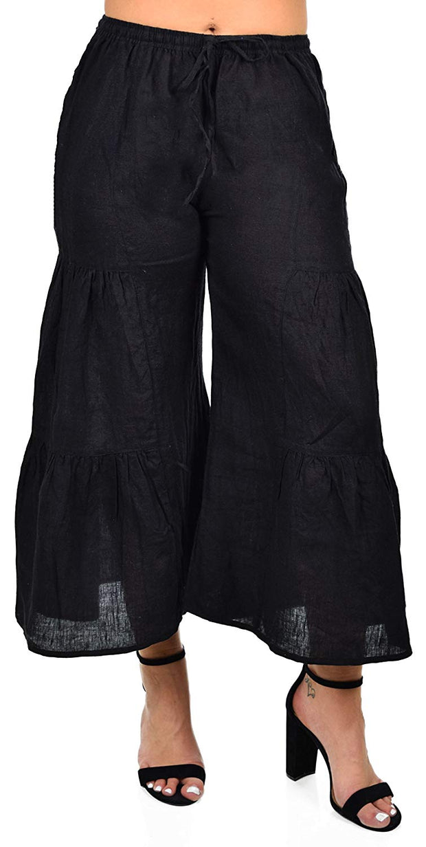 Zopali Women's Linen Boho Wide Leg 3 Tier Flared Bell Bottom Pants | Reg & Plus Sizes