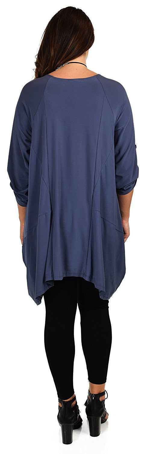 Asymmetrical Lagenlook Tunic, Fishtail Tunic , European inspired Tunic Top w/ Roll Up Sleeves Plus Size