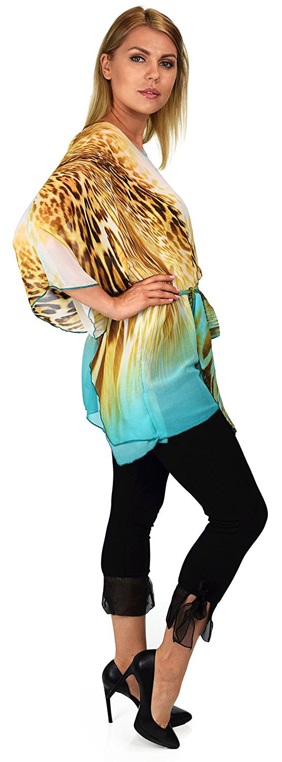 Summer Chiffon Poncho top, Caftan top, Semi sheer Tunic, Cover Up with Adjustable Belt