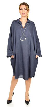 Oversized Linen Lagenlook V-Neck Collar Dress with Side Pockets