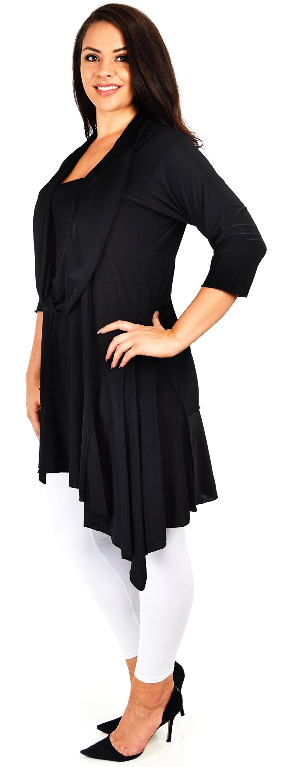 ComfyPlus Crazy Cuts long Lagenlook Plus Size and Regular size Tunic Dress with Mock Front Scarf. Free Shipping Limited Time