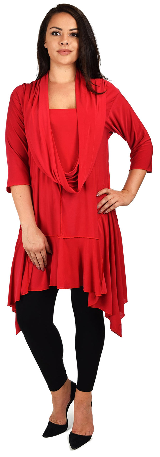 ComfyPlus Crazy Cuts long Lagenlook Plus Size and Regular size Tunic Dress with Mock Front Scarf. Free Shipping Limited Time