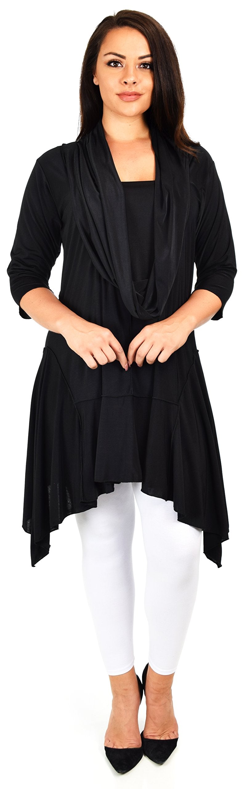 ComfyPlus Crazy Cuts long Lagenlook Plus Size and Regular size Tunic Dress with Mock Front Scarf. Free Shipping Limited Time