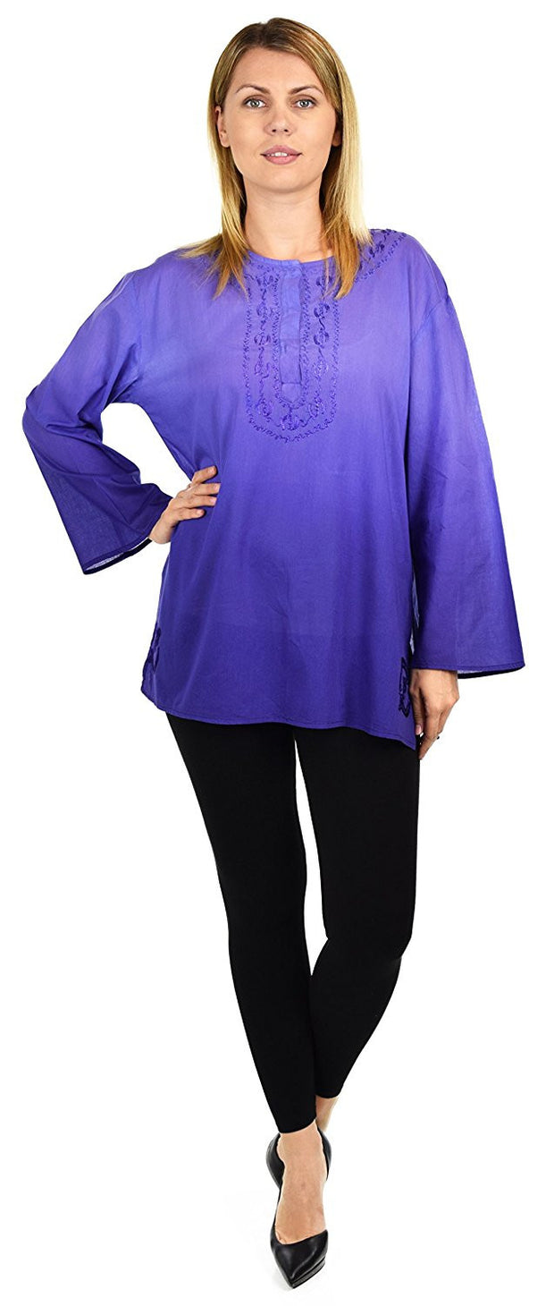 Embroidered Summer Tunic, Ombre dyed Tunic, Tie Dye Ombre Blouse, women Tie dye Shirt Top Regular and Plus Sizes
