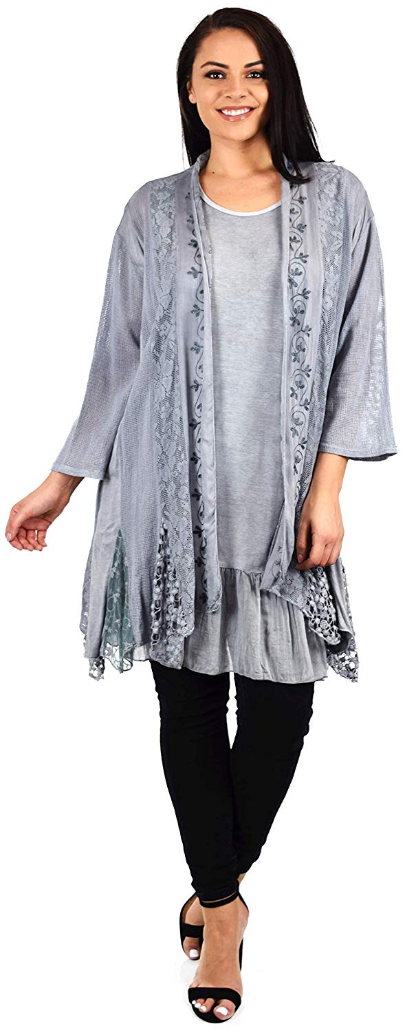 Dare2BStylish Women Plus Size 2 Piece Lace Cardigan Duster Blouse Top Set