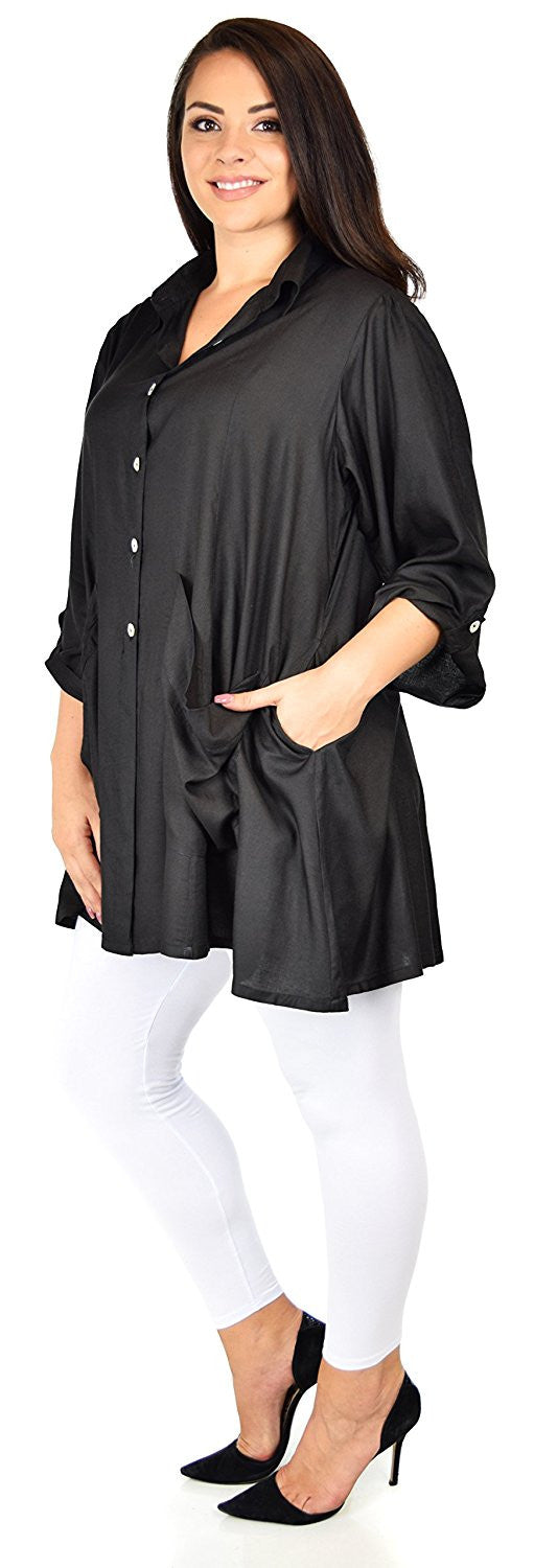 Button Down Tunic Blouse Shirt w/ Roll Up Sleeves