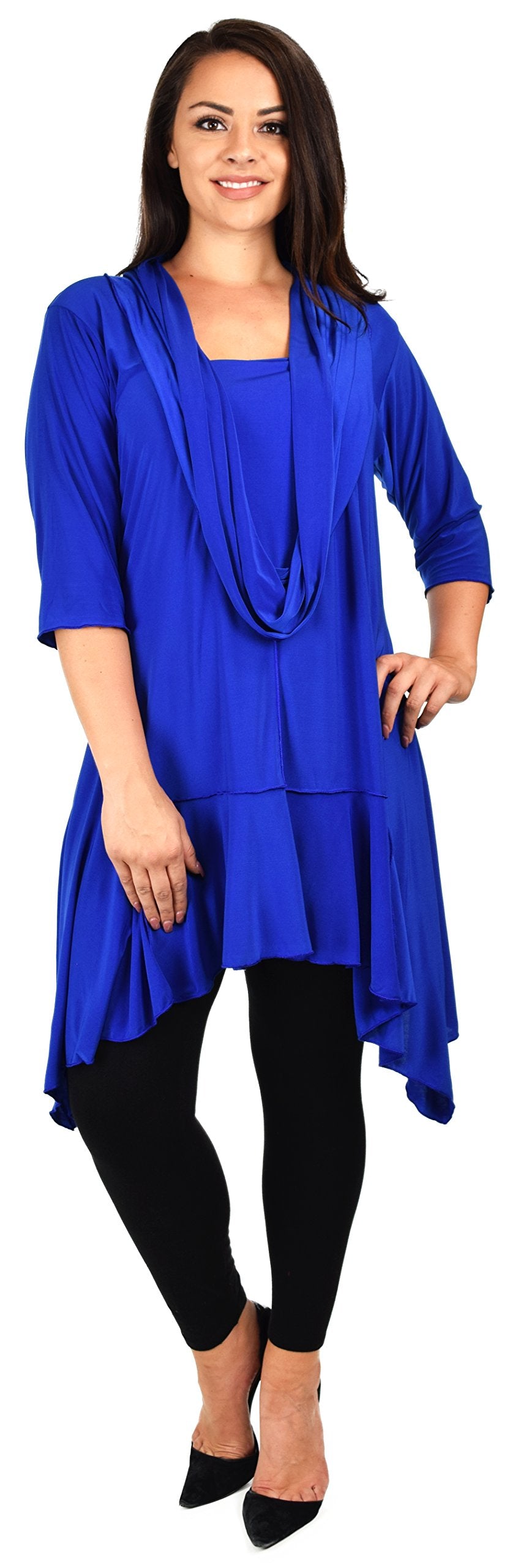 ComfyPlus Crazy Cuts long Lagenlook Plus Size and Regular size Tunic Dress with Mock Front Scarf. Free Shipping Limited Time