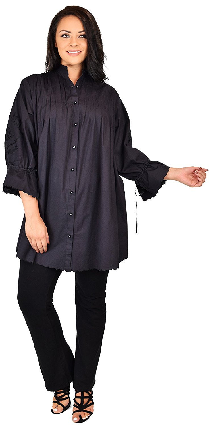 Embroidered Plus Size Oversized Button Down Dress Shirt Blouse