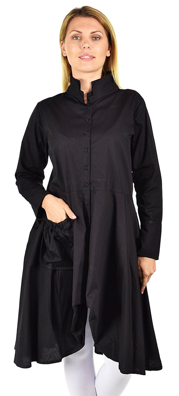 Hi Lo Banded Collar Button Down A Line Swing Dress Shirt Top