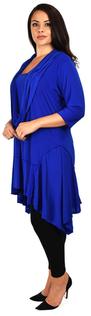 ComfyPlus Crazy Cuts long Lagenlook Plus Size and Regular size Tunic Dress with Mock Front Scarf. Free Shipping Limited Time