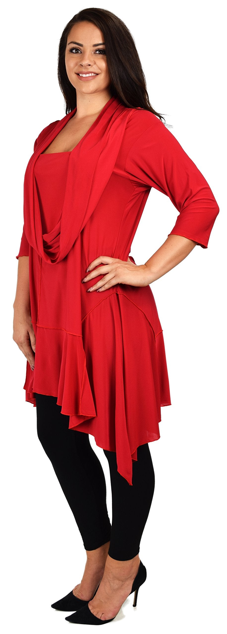 ComfyPlus Crazy Cuts long Lagenlook Plus Size and Regular size Tunic Dress with Mock Front Scarf. Free Shipping Limited Time