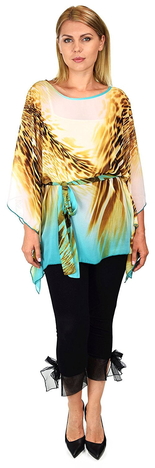 Summer Chiffon Poncho top, Caftan top, Semi sheer Tunic, Cover Up with Adjustable Belt