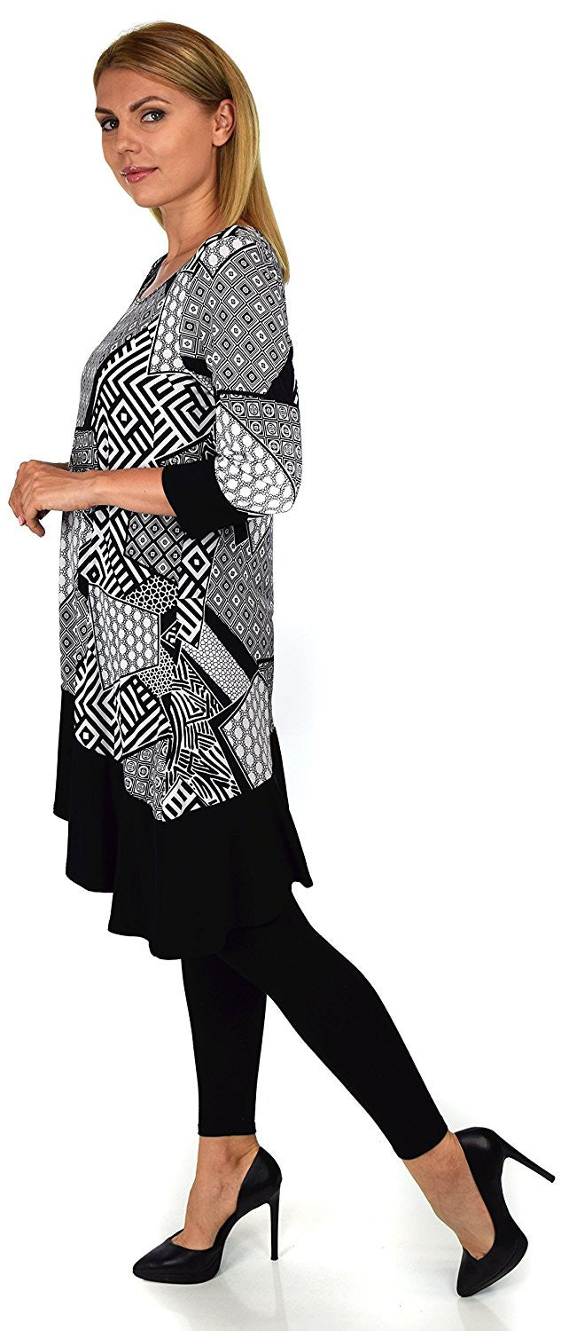 Black and White Abstract Print Tunic Blouse Shirt Top |Reg & Plus Sizes