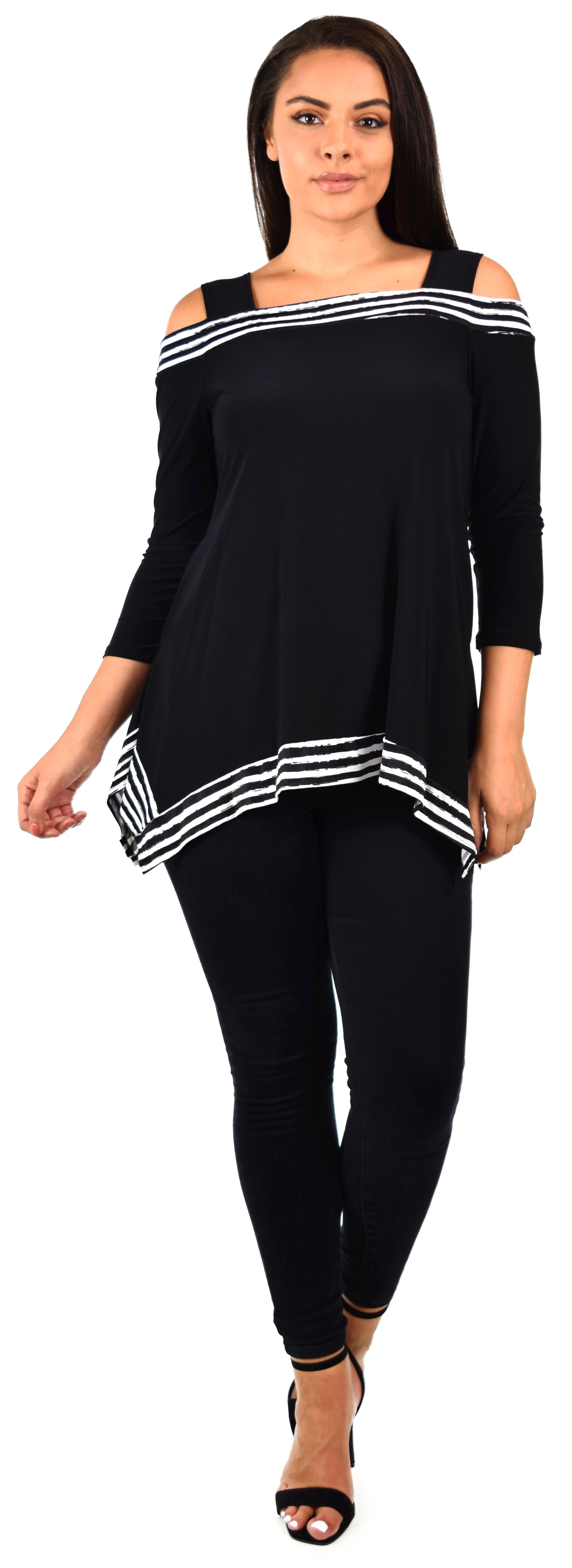 Elegant Classic 2 Tone Cold shoulder Tunic, Black and White Tunic, with details to the shoulders. S to 3XL