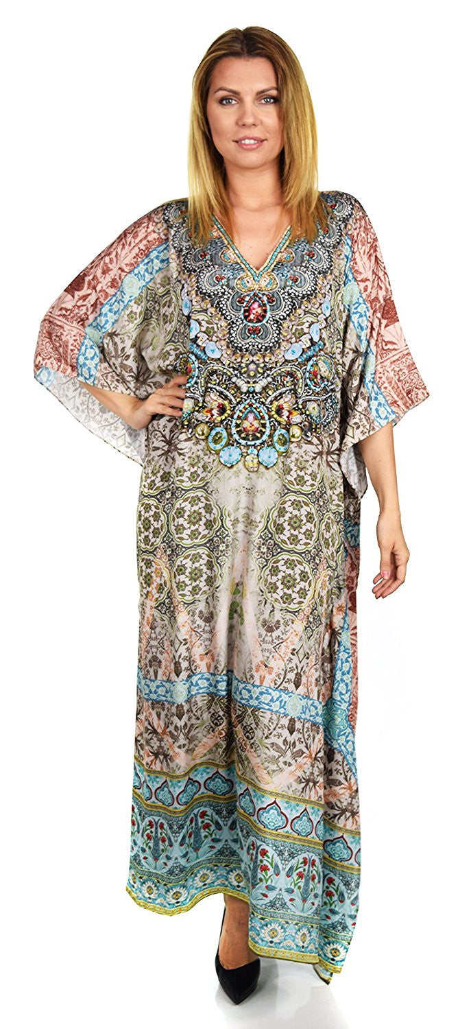 Summer Chiffon Kaftan w/ Embellished Rhinestone Work V Neck | Caftan Dress | Cover Up
