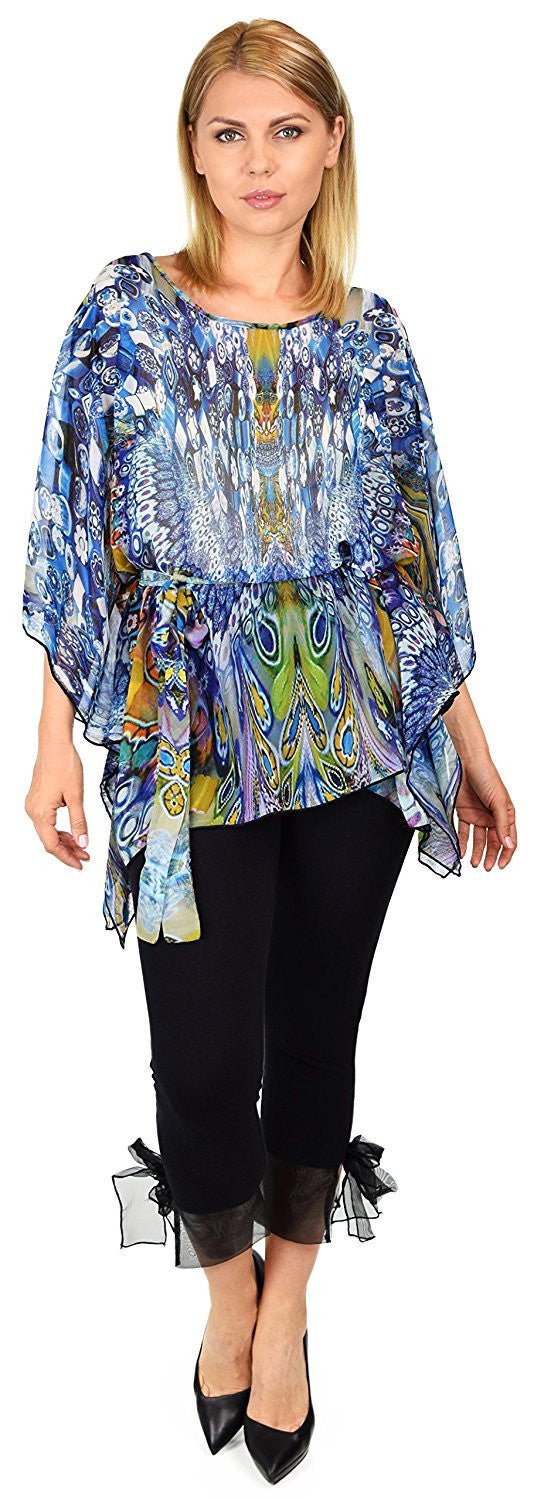 Summer Chiffon Poncho top, Caftan top, Semi sheer Tunic, Cover Up with Adjustable Belt