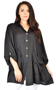 Button Down Tunic Blouse Shirt w/ Roll Up Sleeves