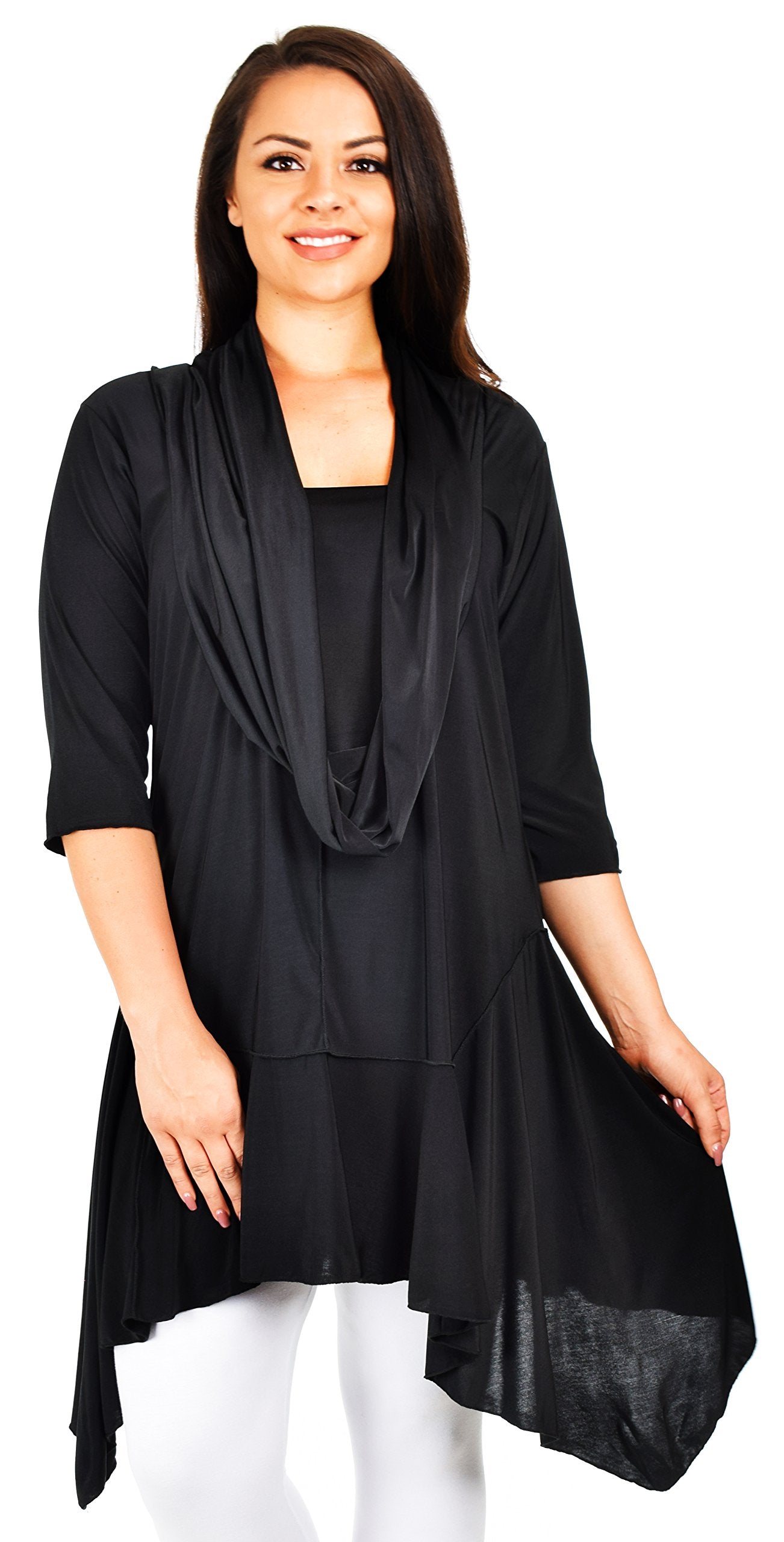 ComfyPlus Crazy Cuts long Lagenlook Plus Size and Regular size Tunic Dress with Mock Front Scarf. Free Shipping Limited Time