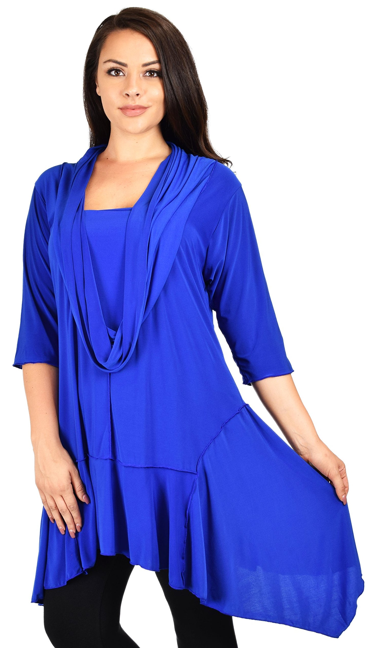 ComfyPlus Crazy Cuts long Lagenlook Plus Size and Regular size Tunic Dress with Mock Front Scarf. Free Shipping Limited Time