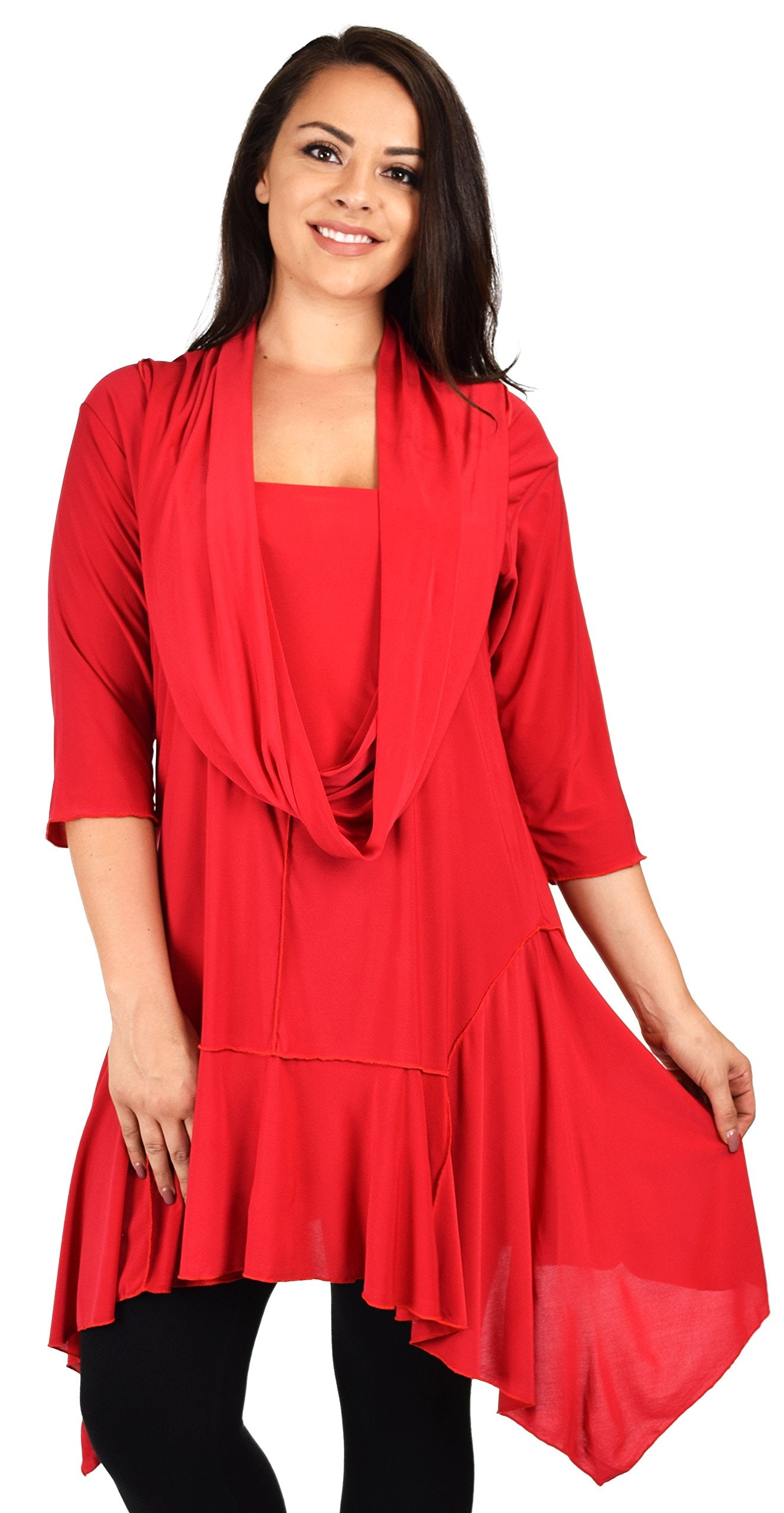 ComfyPlus Crazy Cuts long Lagenlook Plus Size and Regular size Tunic Dress with Mock Front Scarf. Free Shipping Limited Time