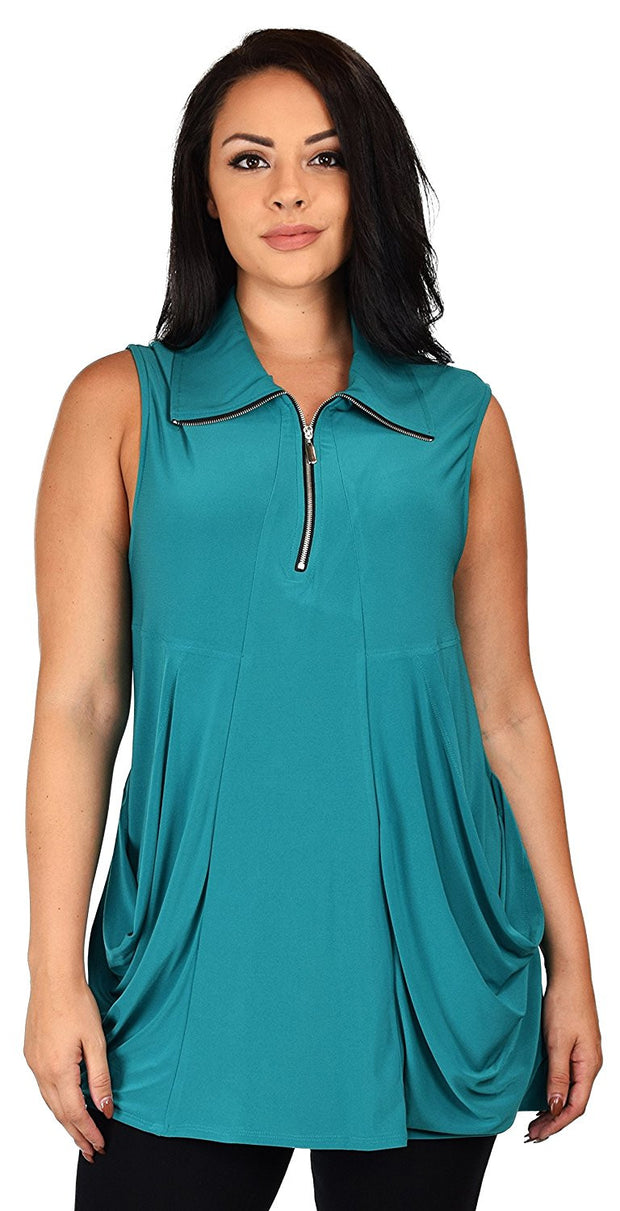 Plus Size Summer Sleeveless Tunic Shirt Top w/ Zipped Collar