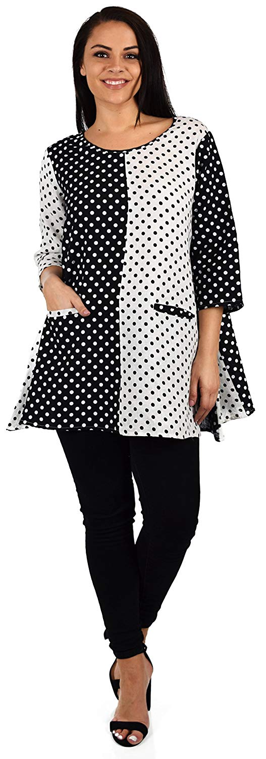 Zopali Women's 100% Linen Polka Dot Loose Fitting Tunic Top w/Front Pockets
