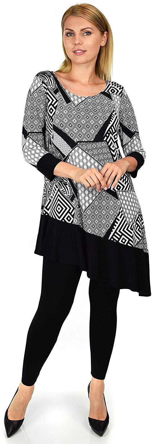 Black and White Abstract Print Tunic Blouse Shirt Top |Reg & Plus Sizes
