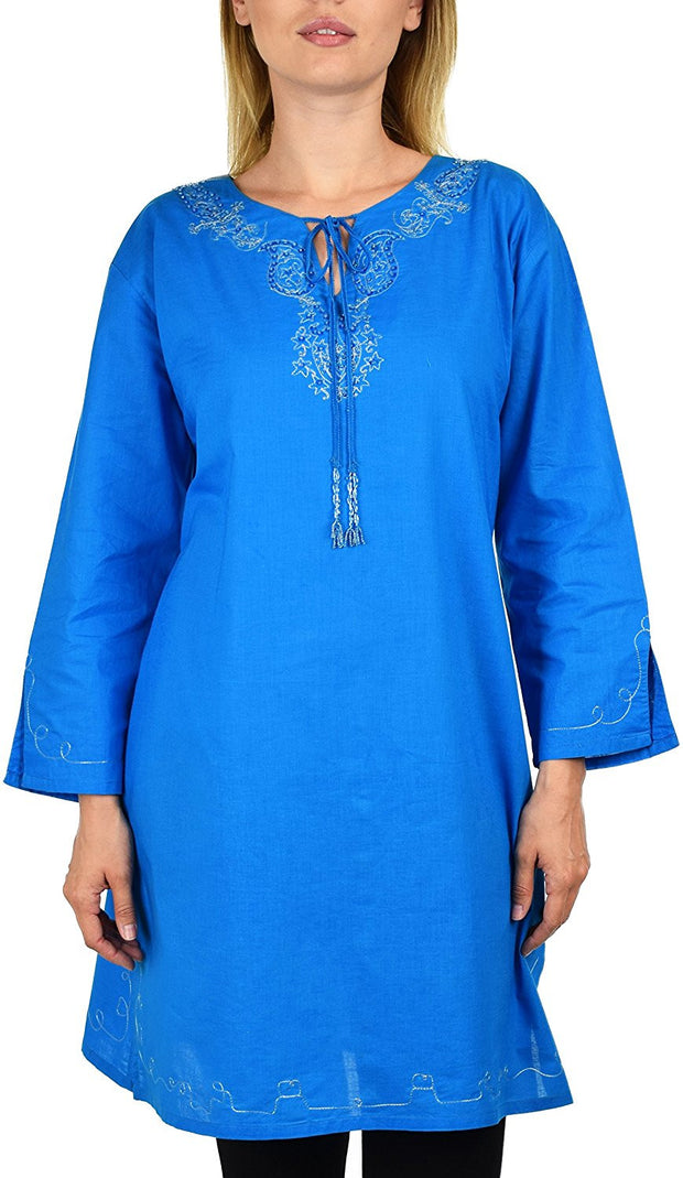 Embroidered Blouse Shirt Top w/ Drawstring Neck Reg and Plus Sizes