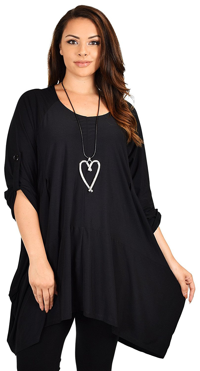 Asymmetrical Fishtail Tunic Top w/ Roll Up Sleeves Plus Size