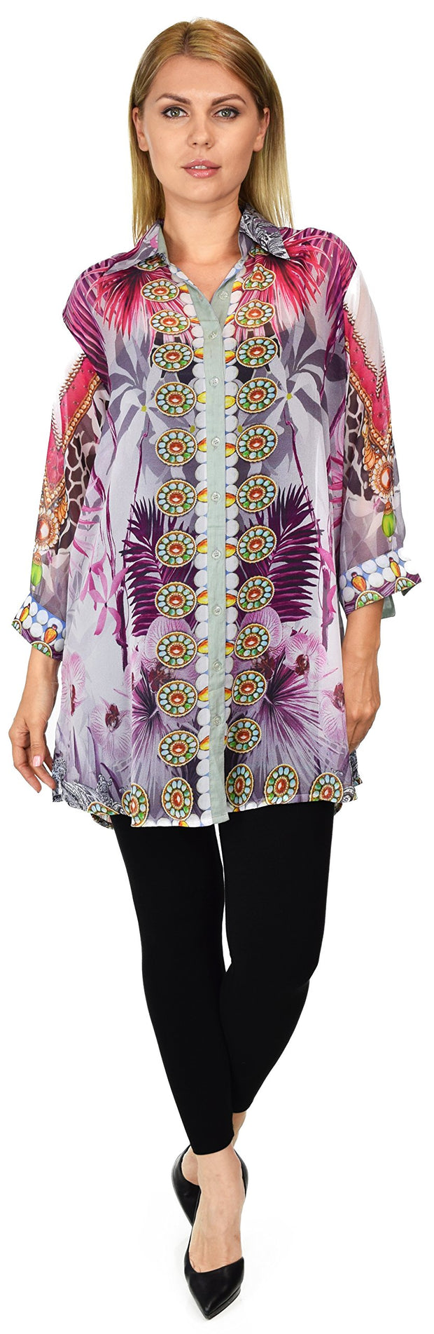 Artsy Semi Sheer Blouse, Chiffon Blouse,Button Down Blouse, Collared Exotic Print Shirt