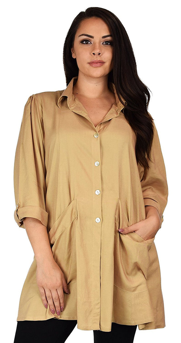 Button Down Tunic Blouse Shirt w/ Roll Up Sleeves