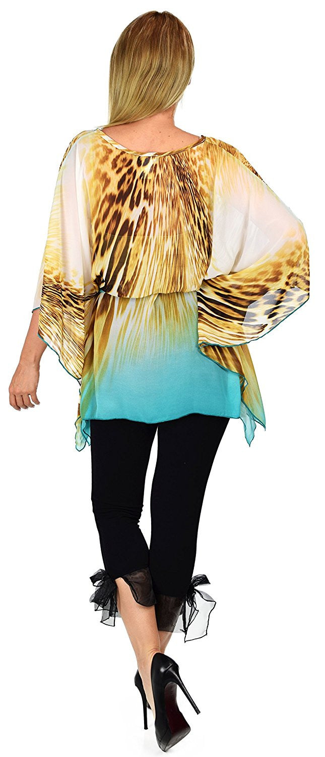 Summer Chiffon Poncho top, Caftan top, Semi sheer Tunic, Cover Up with Adjustable Belt