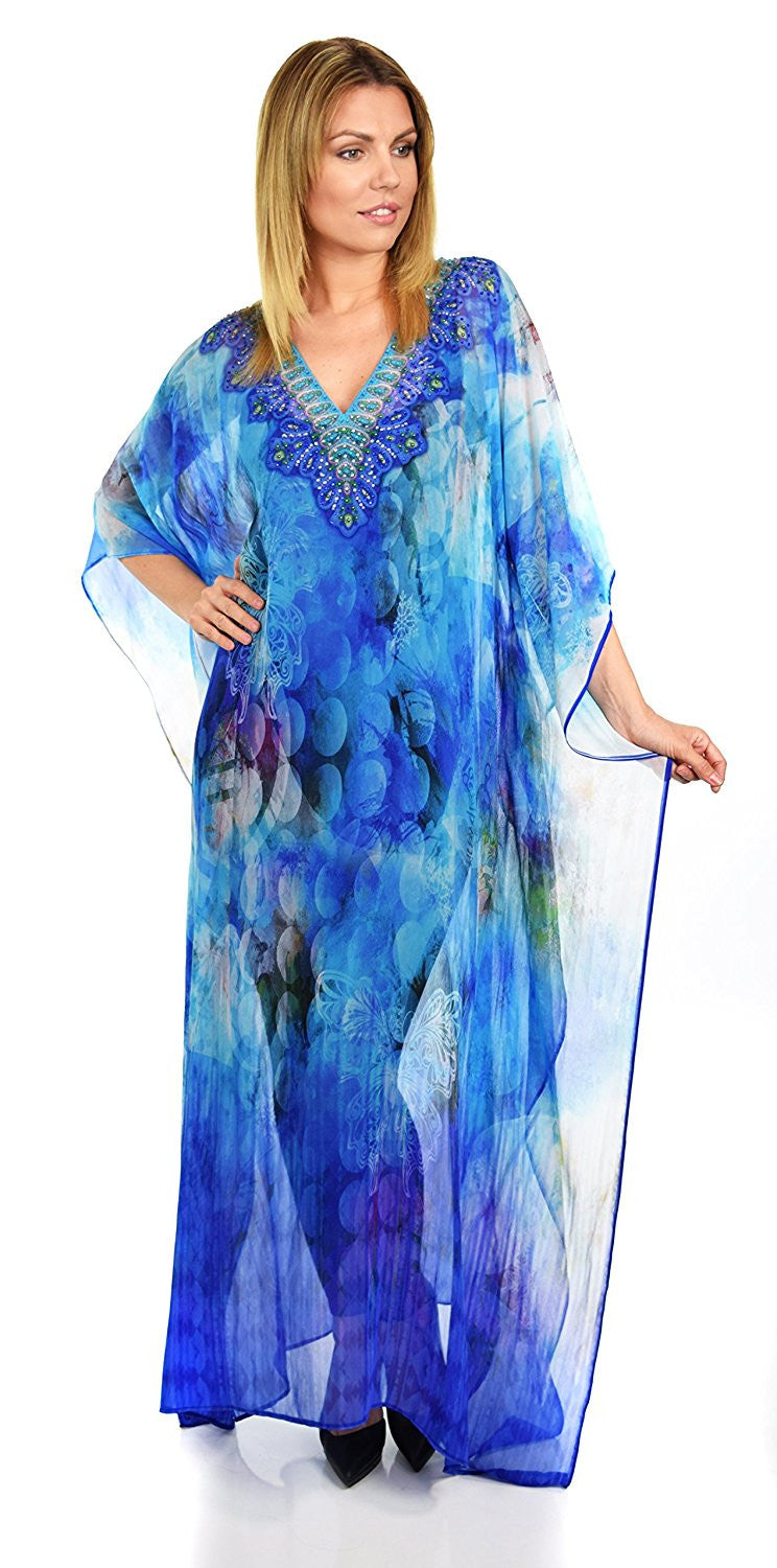Summer Chiffon Kaftan w/ Embellished Rhinestone Work V Neck | Caftan Dress | Cover Up