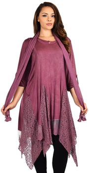 Dare2bStylish Women Plus Size Asymmetrical Lace Tunic Blouse Top Set with Scarf, 3 pc tunic set, Plus size tunic set