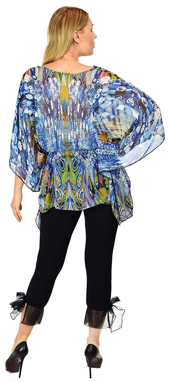 Summer Chiffon Poncho top, Caftan top, Semi sheer Tunic, Cover Up with Adjustable Belt