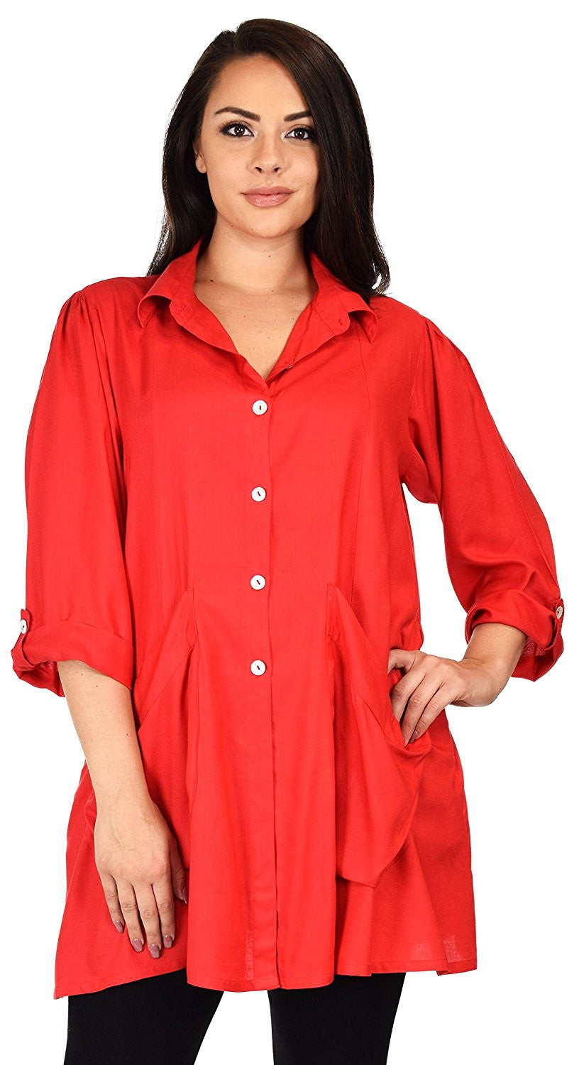 Button Down Tunic Blouse Shirt w/ Roll Up Sleeves